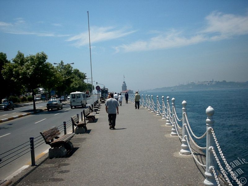 View of Kiz Kulesi (Maiden`s Tower) located in the Bosphorus from the shore of Uskudar in Istanbul city of Turkey.
