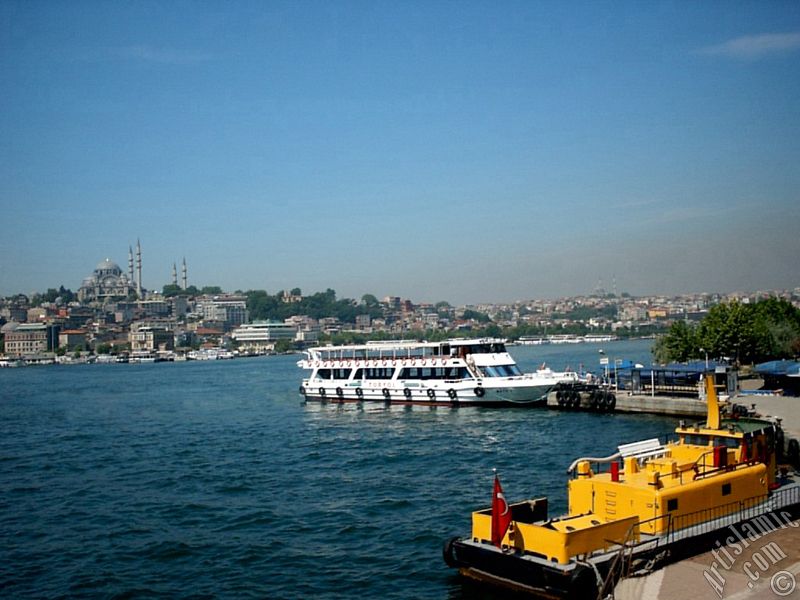 Karak�y-Per�embe Pazar� sahilinden Emin�n� Sahili, S�leymaniye Camisi ve ufukta Fatih Camisi.
