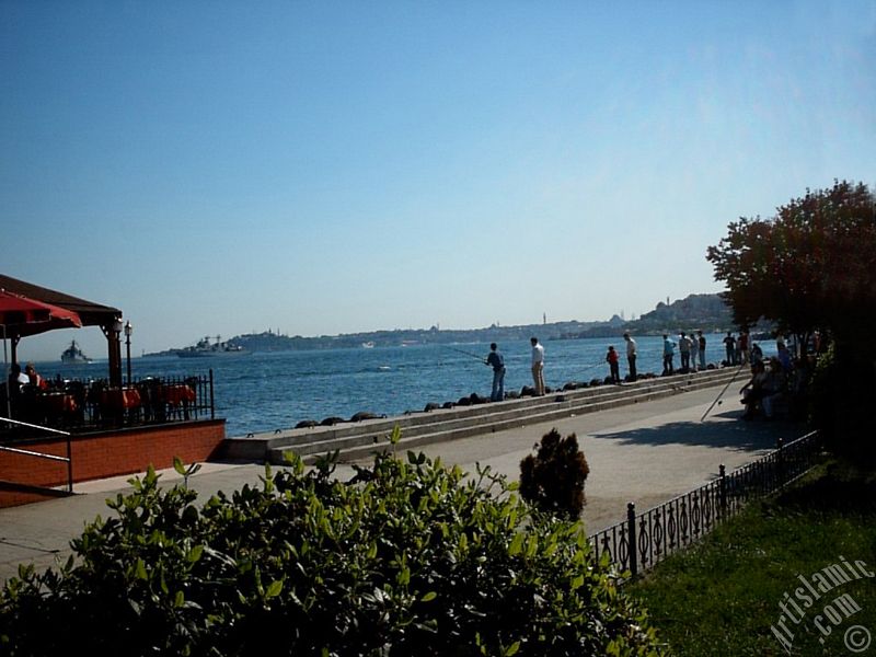 View of Kabatas and Eminonu coast from a park at Besiktas shore in Istanbul city of Turkey.
