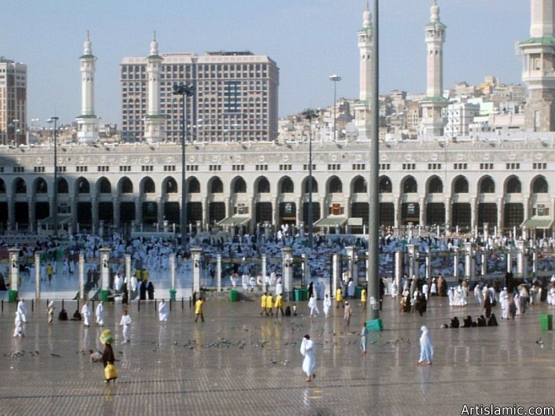 Outside court and some entrance doors of the Masjed al-Haraam where is the Holy Kabah located in it.

