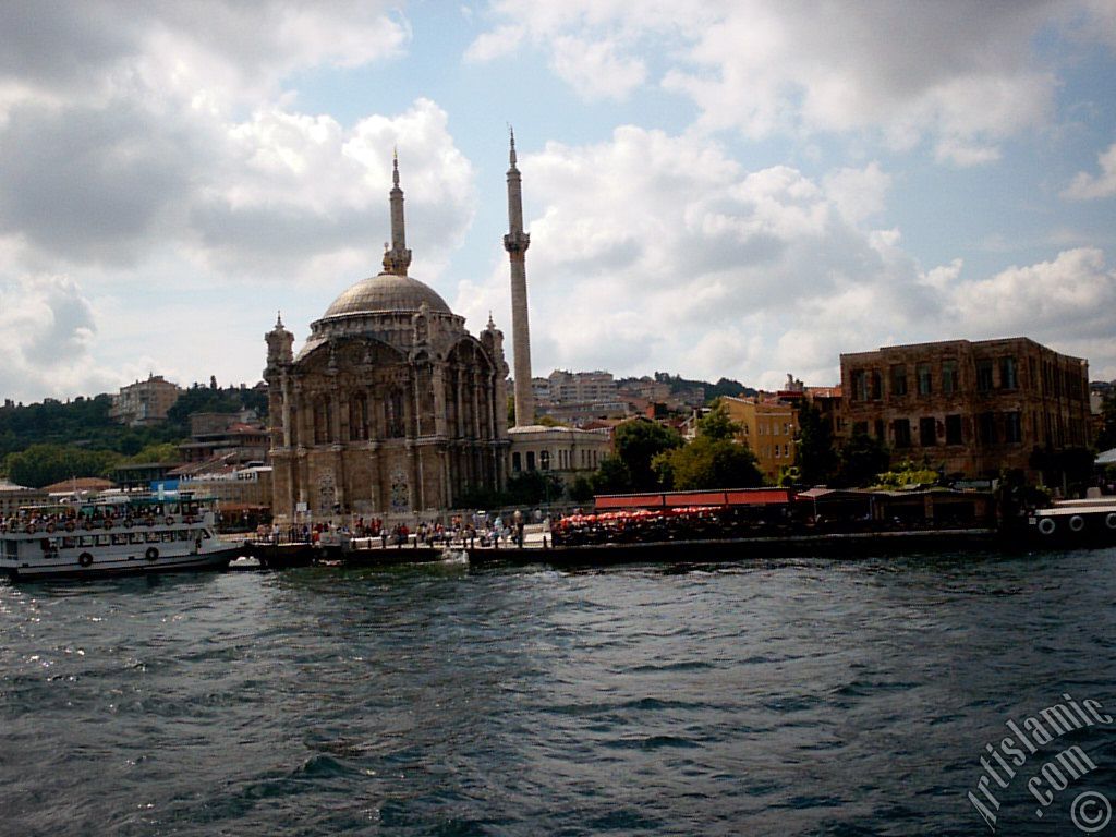 View of Ortakoy coast and Ortakoy Mosque from the Bosphorus in Istanbul city of Turkey.
